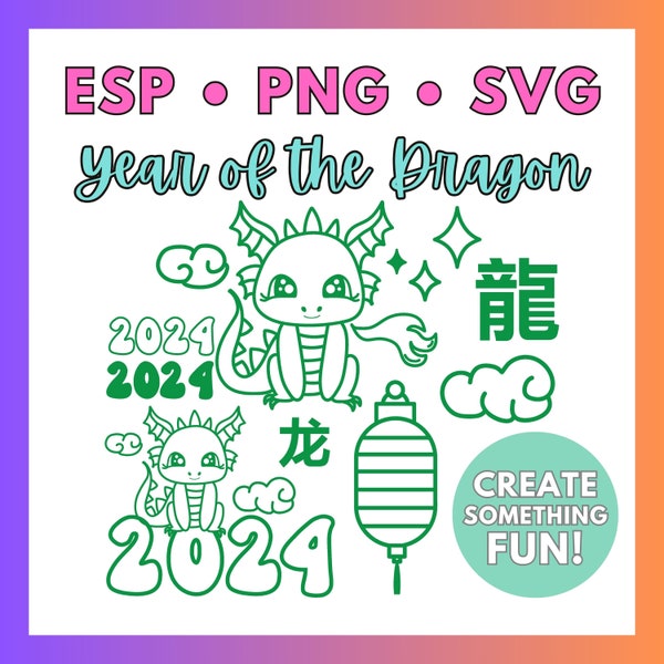 Year of the Dragon SVG Bundle, Happy Lunar New Year, Chinese Zodiac, New Year, digital file, DIY project hand drawn eps png svg, cute dragon