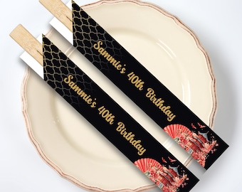 Personalized Asian Theme Fan Asian Inspired Black and Red Chopstick Sleeve or disposable chopstick Set for birthday Sushi weddings Hibachi