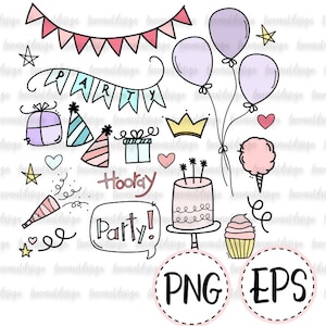 Geburtstag SVG für Mädchen - Geburtstag Doodle Clip Art - EPS - PNG - Hand gezeichnet - Birthday Party Digital Clip art - Ballon diy party doodle