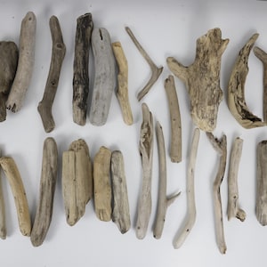 May include: A collection of driftwood pieces in various shapes and sizes. The wood ranges in color from light beige to dark brown, with some pieces showing signs of weathering. Ideal for crafting or home decor.