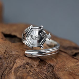 Japansk Genbu-skedring i sterlingsilver, vintage Kanji, kinesisk gud, bestick, statement-smycken, 7,5 USD