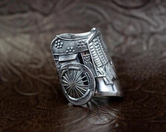 Japan Vintage Silverware Silver Spoon Ring Gissha Japan Traditional Cart with Cow / Made to Order