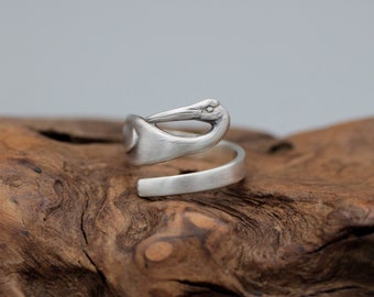 Japanese Crane Bird Spoon Ring Sterling Silver Vintage Flatware Antique Feather Statement Jewelry