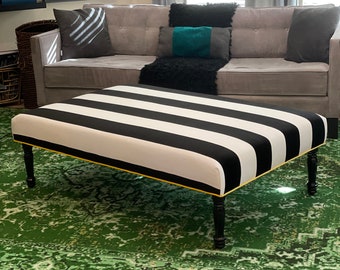 can replicate -custom ottoman black and white stripes with yellow accents cording