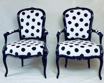 Can replicate free shipping-pair French arm chairs with black and white dot fabric and magenta cording