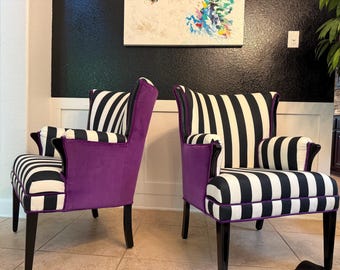 Free shipping- CAN REPLICATE  -SOLD pair Black and White striped Vintage Round Wing Back Chair with fuschia pink Velvet