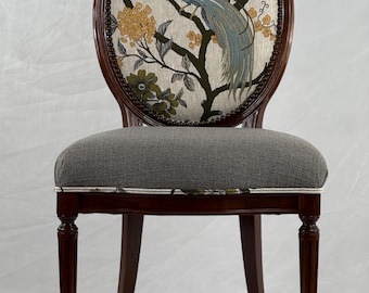 FREE SHIPPING-available- 1 chair vintage oval back chair redone in textured taupe and bird linen with bronze nailheads
