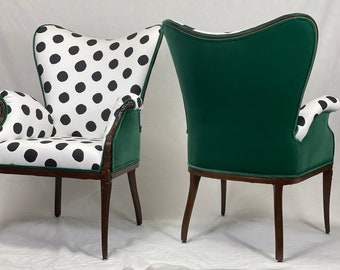 Free shipping-Can Replicate on another frame- pair of antique arm chairs in black and white dots with green velvet and walnut stain