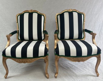 Free shipping-can replicate- sold-2 chairs Pair of French arm chairs with gold wood and black snd white striped fabric.