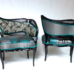 Sold CAN REPLICATE french leaf chairs with cane tuquoise aqua black silver black wood modern floral image 2
