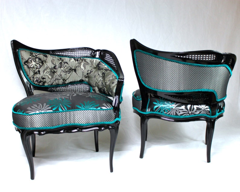 Sold CAN REPLICATE french leaf chairs with cane tuquoise aqua black silver black wood modern floral image 2