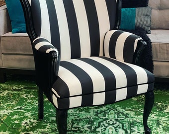 Can replicate-Free Shipping black and white striped vintage wing back chair with black velvet back.