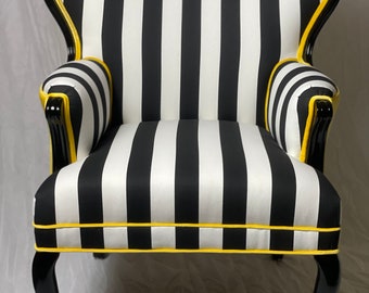 Free shipping Sold can replicate Black and White striped  Round Wing Back Chair with Yellow Velvet and black wood