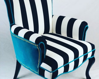 FREE shipping Available to replicate made in the USA Black and White striped Vintage Round Wing Back Chair with turquoise Velvet