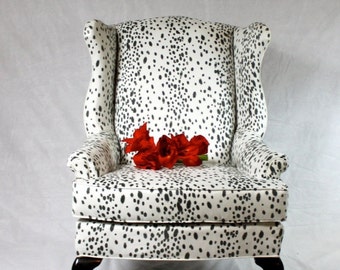 Free shipping CAN REPLICATE - SOLD Dalmatian Fabric Faux Suede Wing Back Chair Animal Print Black and White Snow Leopard