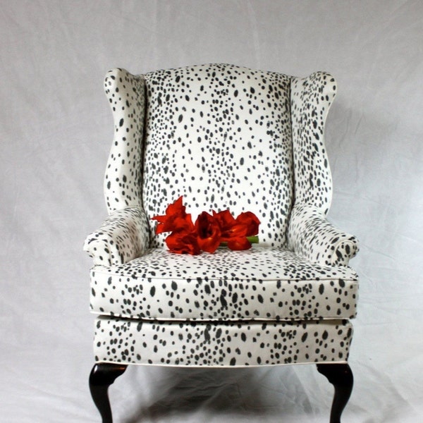 Free shipping CAN REPLICATE - SOLD Dalmatian Fabric Faux Suede Wing Back Chair Animal Print Black and White Snow Leopard