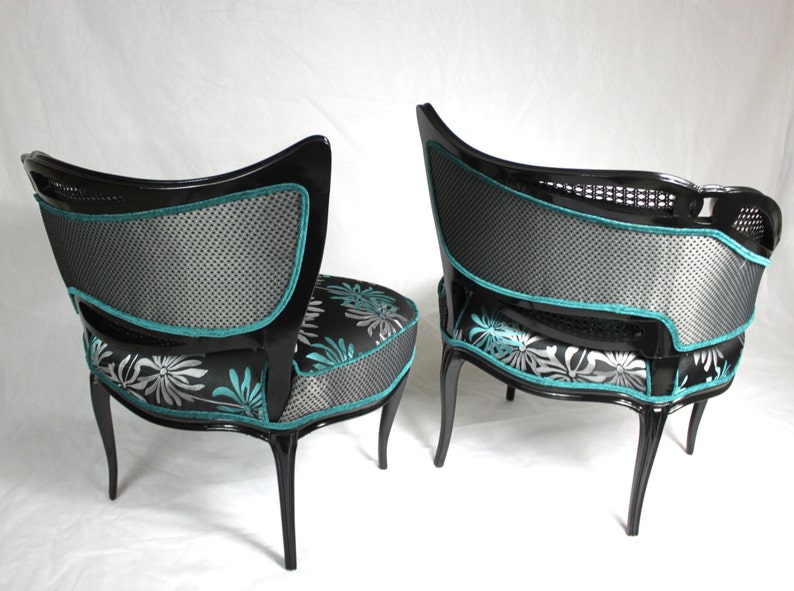 Sold CAN REPLICATE french leaf chairs with cane tuquoise aqua black silver black wood modern floral image 4