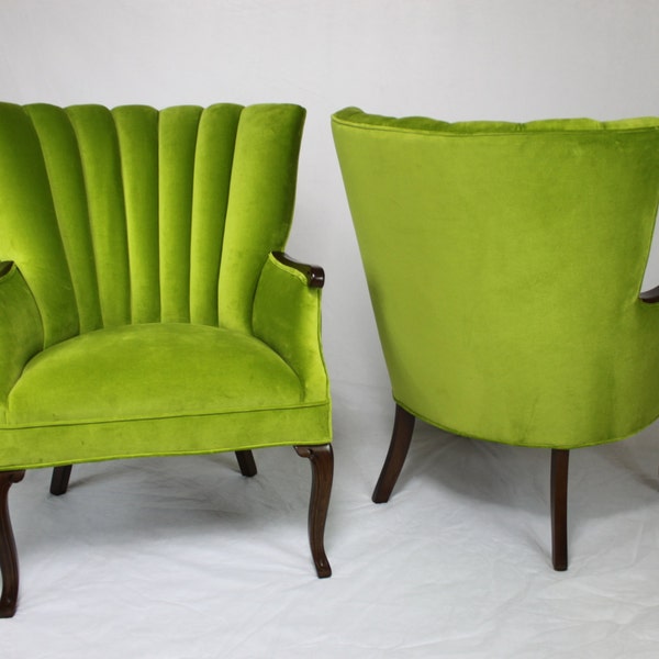 SOLD - Pair of Vintage / Antique Channel Back Chairs in Apple Green Velvet with Medium Brown Wood Lime Green Grass Green Bright Green