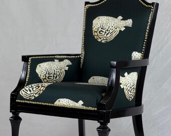 free shipping-available- 1 chair vintage back arm chair with black linen tan blowfish