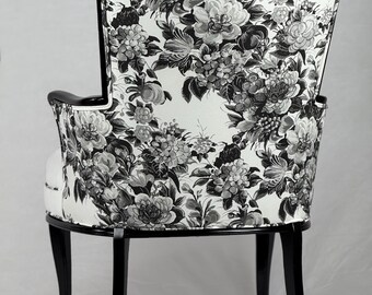 Free shipping-1 chair AVAILABLE NOW black and white floral vintage accent chair with stain-resistant white velvet front and black gloss wood