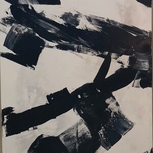 May include: Abstract black and white painting with bold brushstrokes. The painting features a dynamic composition of overlapping lines and shapes.