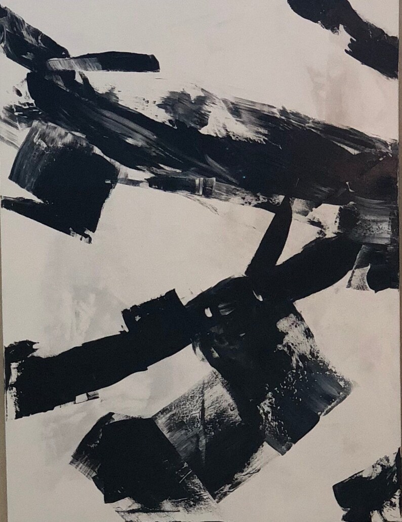 May include: Abstract black and white painting with bold brushstrokes. The painting features a dynamic composition of overlapping lines and shapes.