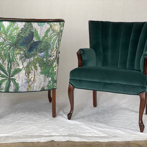 can replicate-free shipping-sold- pair of blue green channel back winged velvet chairs with botanical velvet back