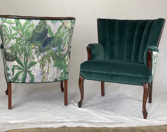 can replicate-free shipping-sold- pair of blue green channel back winged velvet chairs with botanical velvet back