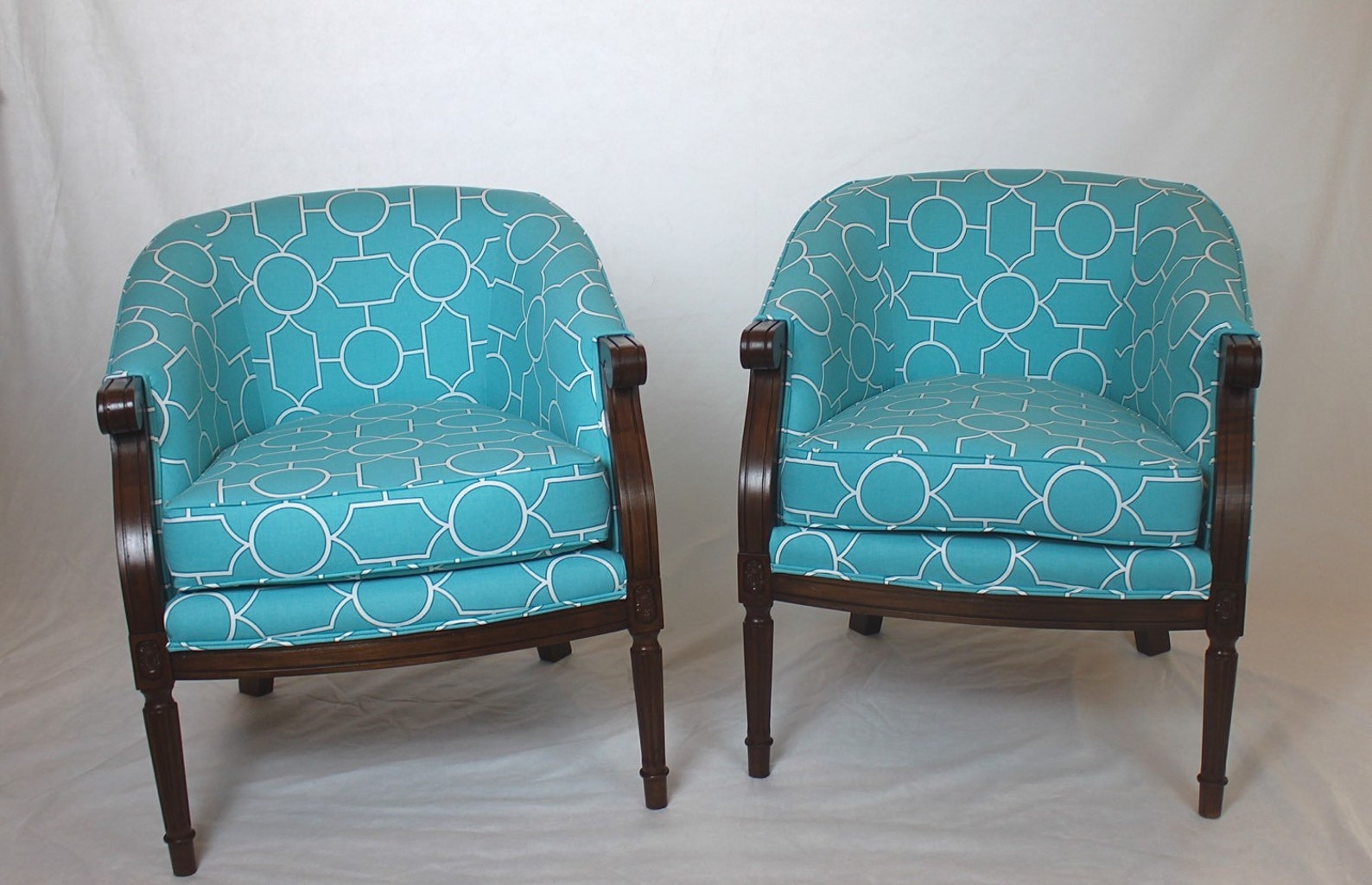 SOLD Pair of French Barrel Tub Chairs in Turquoise Geometric Etsy