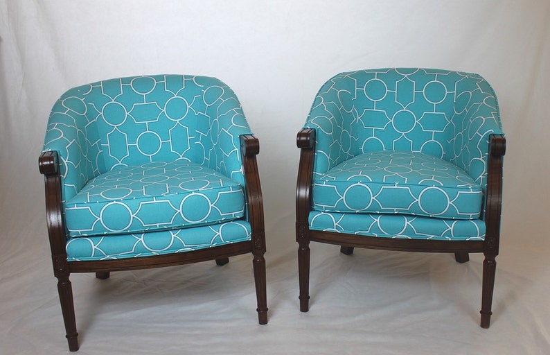 SOLD Pair of French Barrel Tub Chairs in Turquoise Geometric Etsy