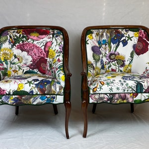 Can replicate. free shipping- pair vibrant large pattern floral barrel French chairs with green velvet