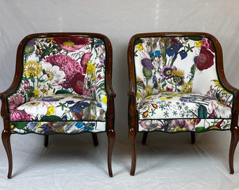 Can replicate. free shipping- pair vibrant large pattern floral barrel French chairs with green velvet