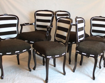 SOLD- 6 Brown and White Striped Vintage French Chairs with Brown Wood Striped Sew together to make Original Fabric