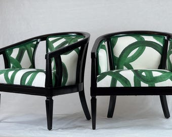Free shipping- available-PAIR 2 chairs vintage barrel chairs redone in green and white Belgian linen swirls with black wood