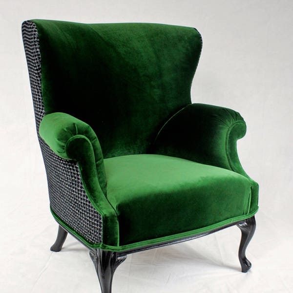 Free shipping CAN REPLICATE- sold -Vintage Round Wing Back Chair with Green Velvet and black and gray velvet