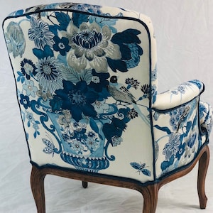 Can replicate- sold-  blue and white vintage chair reupholstered and refinished