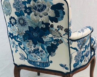 Blue and white wingback chair sale