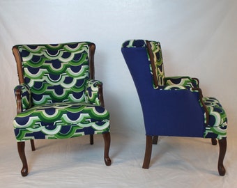 SOLD- CAN REPLICATE pair vintage wing back arm chairs geometric navy green and white