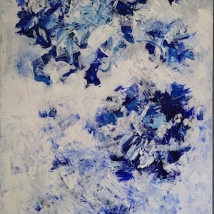 May include: Abstract painting with blue and white paint. The paint is applied in a thick, textured style, creating a sense of depth and movement. The painting is reminiscent of a stormy sky or a turbulent sea.