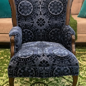 SOLD- Can Replicate-  blue vintage chair reupholstered and refinished with brown stain and suzani velvet