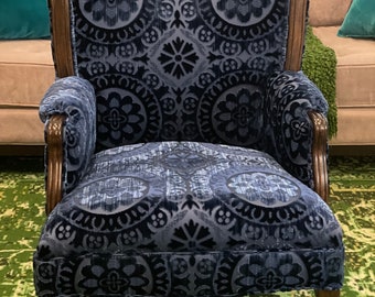 SOLD- Can Replicate-  blue vintage chair reupholstered and refinished with brown stain and suzani velvet