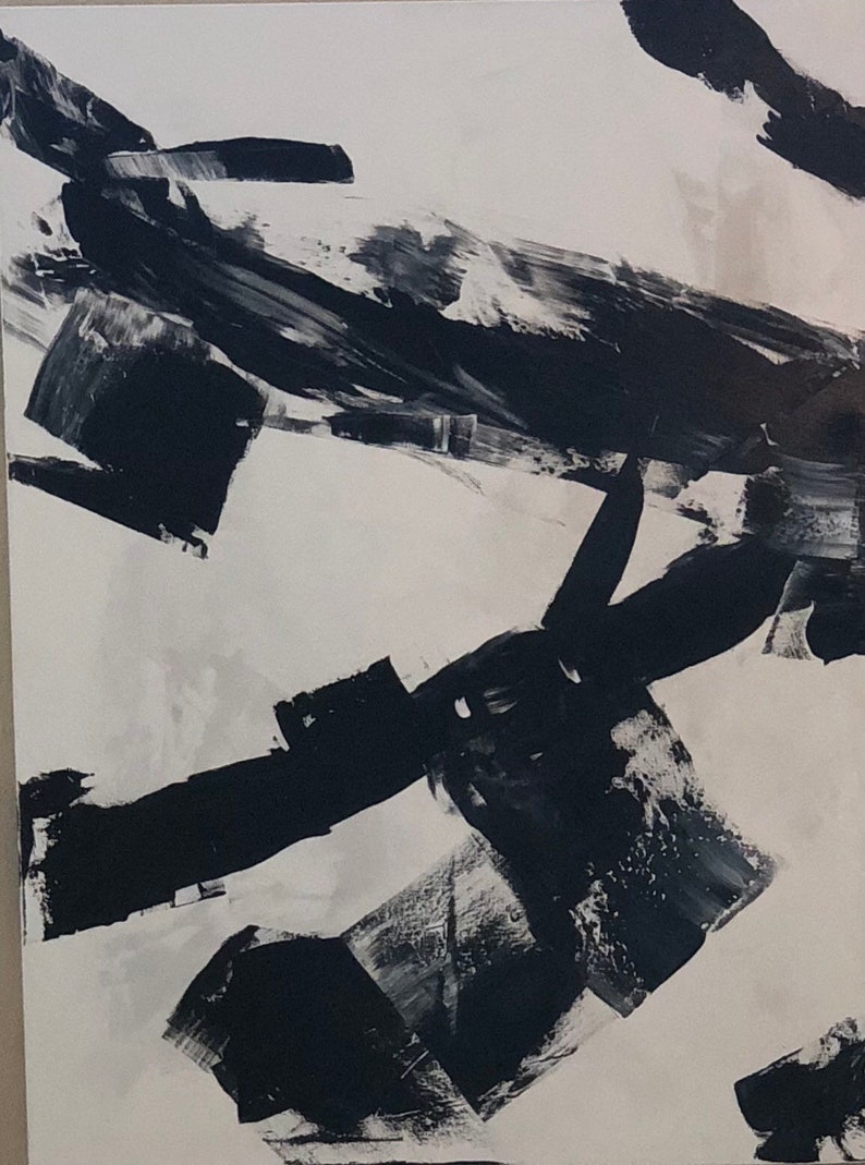 May include: Abstract black and white painting with bold brushstrokes on a white background.