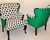 Free shipping-can replicate-SOLD- CAN REPLICATE-Pair of Channel Chairs Wing Back Chairs in Emerald Green and Black and White Ikat Dot Fabric