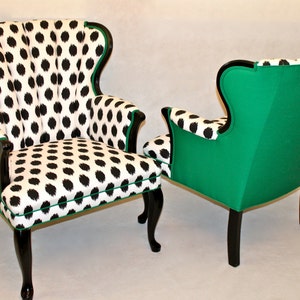 Free shipping-can replicate-SOLD- CAN REPLICATE-Pair of Channel Chairs Wing Back Chairs in Emerald Green and Black and White Ikat Dot Fabric