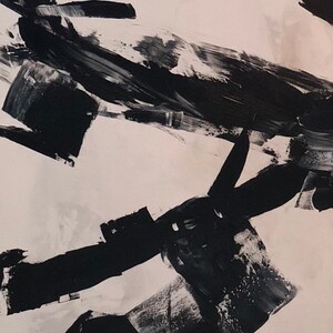 May include: Abstract painting with black brushstrokes on a white background. The brushstrokes are thick and layered, creating a sense of movement and energy.
