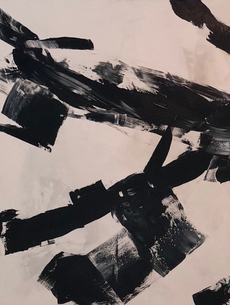 May include: Abstract painting with black brushstrokes on a white background. The brushstrokes are thick and layered, creating a sense of movement and energy.
