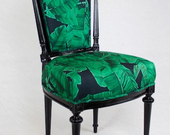 Free shipping- CAN REPLICATE -sold Custom French Chair to be redone with black wood and black and green tropical fabric