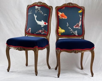 free shipping-available- 2 chairs pair of French vintage chairs redone in red and royal blue with koi fish