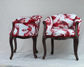Free shipping- available- PAIR 2 chairs vintage barrel chairs redone in red and white velvet koi fish with dark copper wood