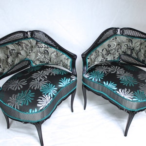 Sold CAN REPLICATE french leaf chairs with cane tuquoise aqua black silver black wood modern floral image 3